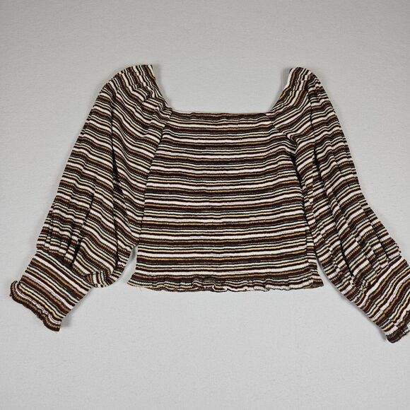 Anthropologie Square Neck Smocked Puff Sleeve Striped Top XS Ruffle 70s 80s Crop - Picture 5 of 14